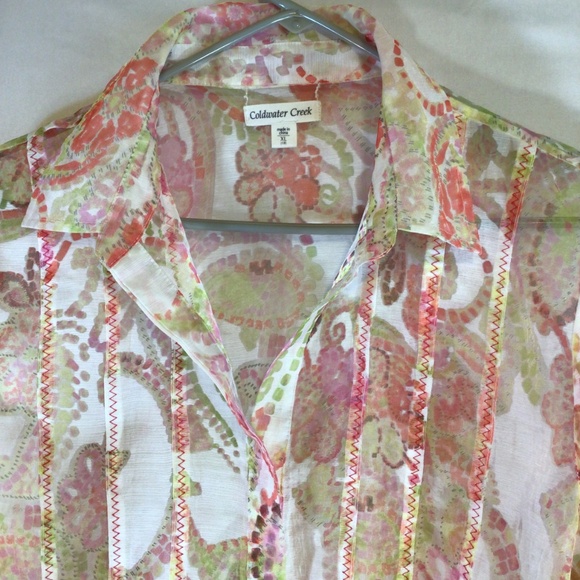 Coldwater Creek Women’s Blouse Size XL Semi-Sheer Abstract Floral Pleated Front - Picture 3 of 14